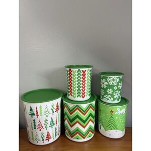 Tupperware Green  One Touch Canisters 5pc Complete Set Jolly Holiday Christmas